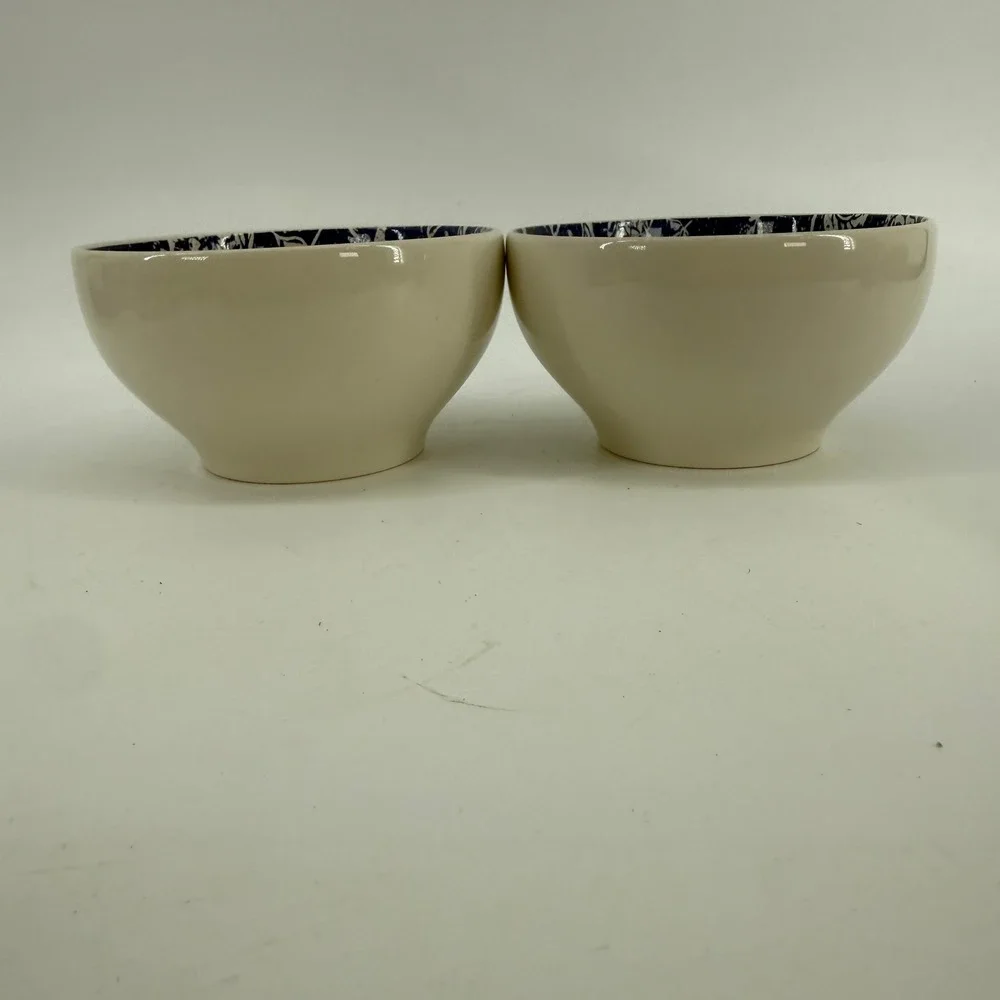 Pier 1 Batik Cereal Bowls Set of 2 Cream Navy Blue Floral Earthenware Brazil
